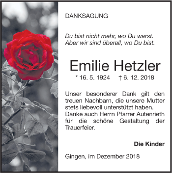 Traueranzeige von Emilie Hetzler von Geislinger Zeitung