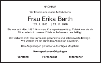 Traueranzeige von Erika Barth von NWZ Neue Württembergische Zeitung/Geislinger Zeitung