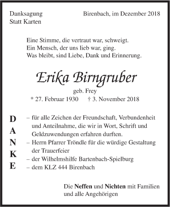 Traueranzeige von Erika Birngruber von NWZ Neue Württembergische Zeitung