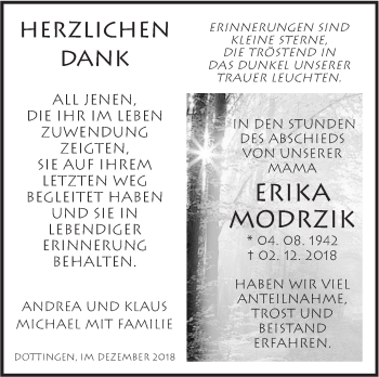 Traueranzeige von Erika Modrzik von Alb-Bote/Metzinger-Uracher Volksblatt