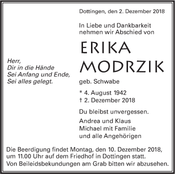 Traueranzeige von Erika Modrzik von Alb-Bote/Metzinger-Uracher Volksblatt