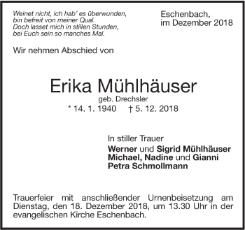 Traueranzeige von Erika Mühlhäuser von NWZ Neue Württembergische Zeitung