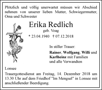 Traueranzeige von Erika Redlich von SÜDWEST PRESSE Ausgabe Ulm/Neu-Ulm