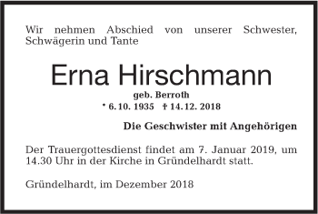 Traueranzeige von Erna Hirschmann von Hohenloher Tagblatt