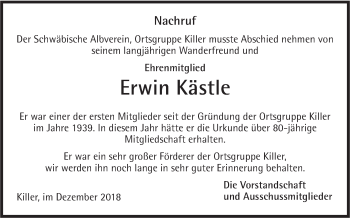 Traueranzeige von Erwin Kästle von Hohenzollerische Zeitung