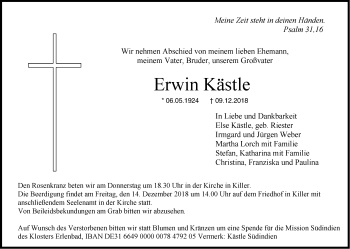 Traueranzeige von Erwin Kästle von Hohenzollerische Zeitung