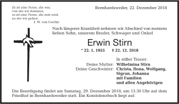 Traueranzeige von Erwin Stirn von Hohenloher Tagblatt