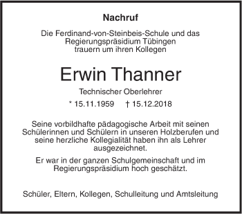 Traueranzeige von Erwin Thanner von SÜDWEST PRESSE Ausgabe Ulm/Neu-Ulm