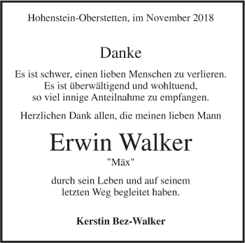 Traueranzeige von Erwin Walker von Alb-Bote/Metzinger-Uracher Volksblatt