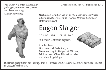 Traueranzeige von Eugen Staiger von Alb-Bote/Metzinger-Uracher Volksblatt