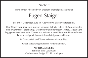 Traueranzeige von Eugen Staiger von Metzinger-Uracher Volksblatt