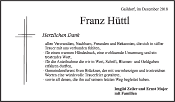 Traueranzeige von Franz Hüttl von Rundschau Gaildorf