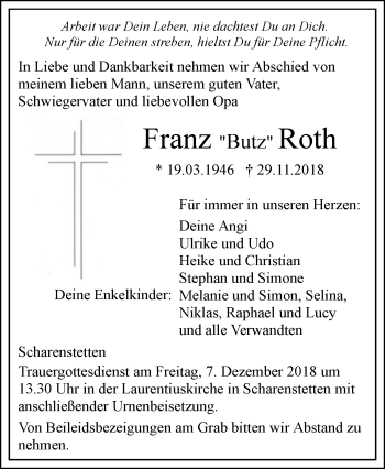 Traueranzeige von Franz Roth von SÜDWEST PRESSE Ausgabe Ulm/Neu-Ulm