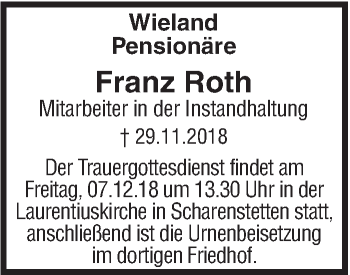 Traueranzeige von Franz Roth von SÜDWEST PRESSE Ausgabe Ulm/Neu-Ulm