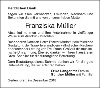 Traueranzeige von Franziska Müller von SÜDWEST PRESSE Ausgabe Ulm/Neu-Ulm