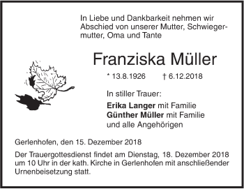 Traueranzeige von Franziska Müller von SÜDWEST PRESSE Ausgabe Ulm/Neu-Ulm