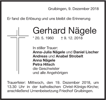 Traueranzeige von Gerhard Nägele von NWZ Neue Württembergische Zeitung/Geislinger Zeitung