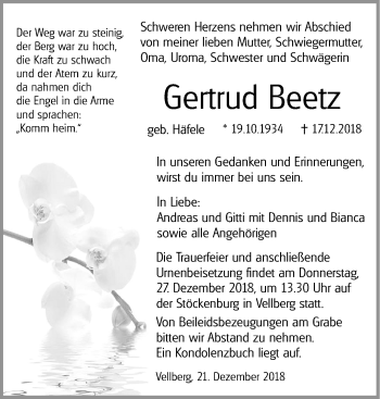 Traueranzeige von Gertrud Beetz von Haller Tagblatt