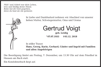 Traueranzeige von Gertrud Voigt von Hohenloher Tagblatt