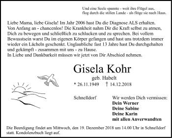 Traueranzeige von Gisela Kohr von Hohenloher Tagblatt