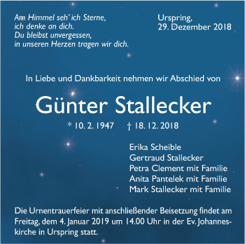 Traueranzeige von Günter Stallecker von Geislinger Zeitung