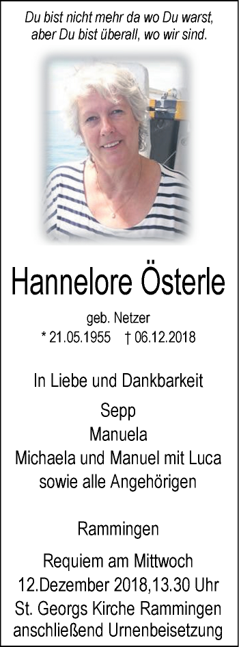 Traueranzeige von Hannelore Österle von SÜDWEST PRESSE Ausgabe Ulm/Neu-Ulm