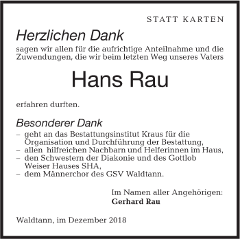 Traueranzeige von Hans Rau von Hohenloher Tagblatt