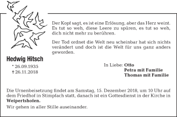 Traueranzeige von Hedwig Hitsch von Hohenloher Tagblatt