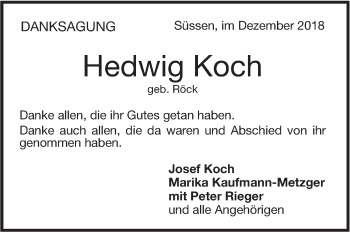 Traueranzeige von Hedwig Koch von NWZ Neue Württembergische Zeitung/Geislinger Zeitung