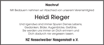 Traueranzeige von Heidi Rieger von Ehinger Tagblatt