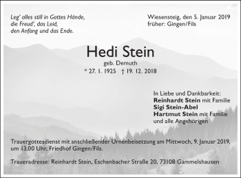 Traueranzeige von Heidi Stein von NWZ Neue Württembergische Zeitung/Geislinger Zeitung