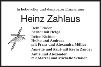 Traueranzeige von Heinz Zahlaus von Hohenloher Tagblatt