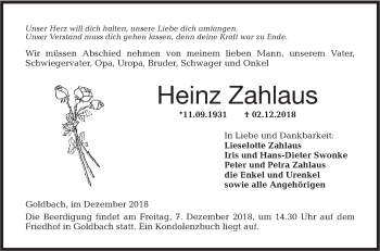 Traueranzeige von Heinz Zahlaus von Hohenloher Tagblatt