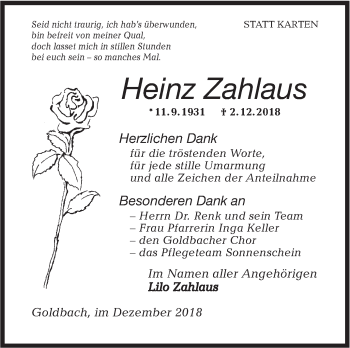 Traueranzeige von Heinz Zahlaus von Hohenloher Tagblatt