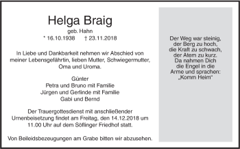 Traueranzeige von Helga Braig von SÜDWEST PRESSE Ausgabe Ulm/Neu-Ulm