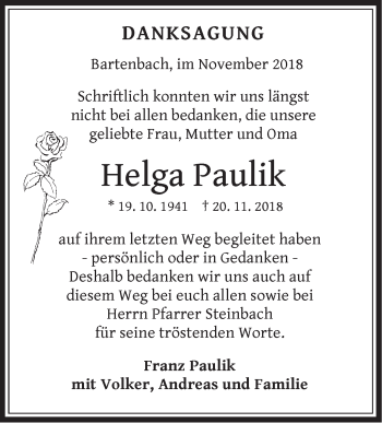 Traueranzeige von Helga Paulik von NWZ Neue Württembergische Zeitung