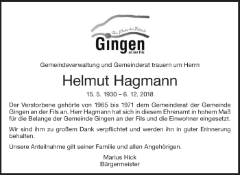 Traueranzeige von Helmut Hagmann von NWZ Neue Württembergische Zeitung/Geislinger Zeitung