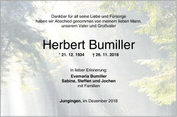 Traueranzeige von Herbert Bumiller von Hohenzollerische Zeitung