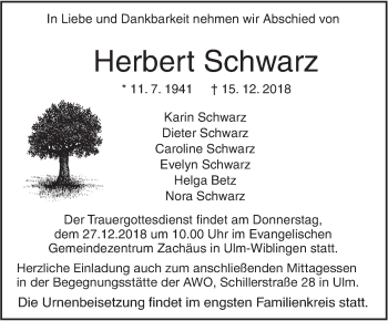 Traueranzeige von Herbert Schwarz von SÜDWEST PRESSE Ausgabe Ulm/Neu-Ulm