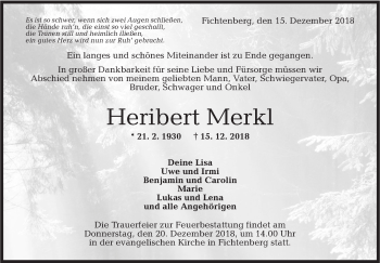 Traueranzeige von Heribert Merkl von Rundschau Gaildorf