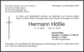 Traueranzeige von Hermann Hößle von NWZ Neue Württembergische Zeitung