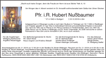 Traueranzeige von Hubert Nußbaumer von SÜDWEST PRESSE Ausgabe Ulm/Neu-Ulm