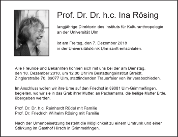 Traueranzeige von Ina Rösing von SÜDWEST PRESSE Ausgabe Ulm/Neu-Ulm