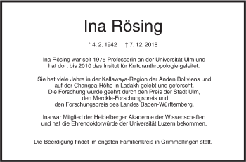 Traueranzeige von Ina Rösing von SÜDWEST PRESSE Ausgabe Ulm/Neu-Ulm