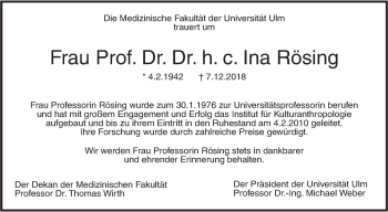 Traueranzeige von Ina Rösing von SÜDWEST PRESSE Ausgabe Ulm/Neu-Ulm