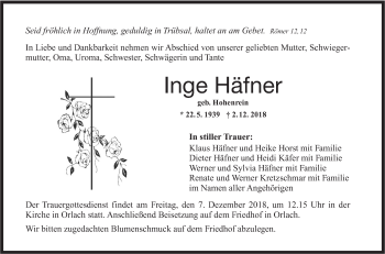 Traueranzeige von Inge Häfner von Haller Tagblatt