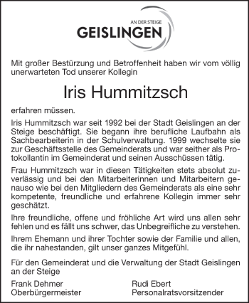 Traueranzeige von Iris Hummitzsch von NWZ Neue Württembergische Zeitung/Geislinger Zeitung