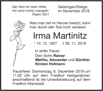 Traueranzeige von Irma Martinitz von Geislinger Zeitung