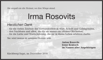 Traueranzeige von Irma Rosovits von Hohenloher Tagblatt