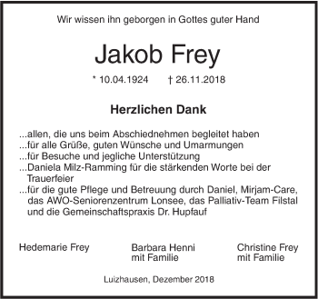 Traueranzeige von Jakob Frey von SÜDWEST PRESSE Ausgabe Ulm/Neu-Ulm